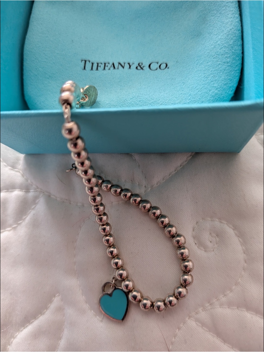 Tiffany & Co. Silver Bead Bracelet with Turquoise Heart Charm
